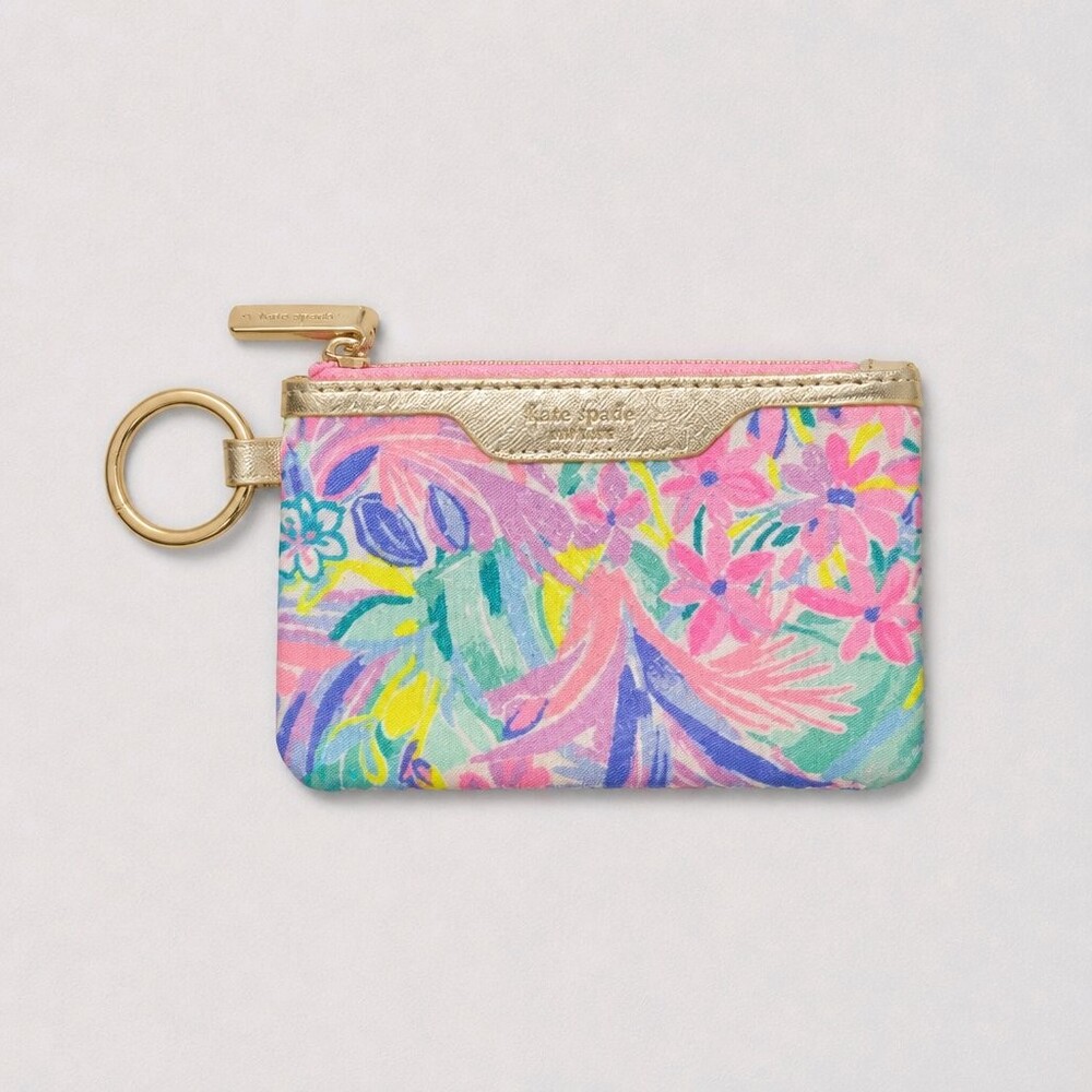 Lilly Pulitzer Floral Key Pouch Pink Gold Metallic Leather Accent